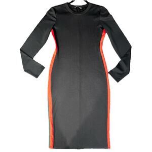 NEW - ZARA Trafaluc Black Long Sleeve Bodycon Midi Dress Red Stripe Detail SZ L